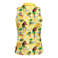Hawaii Hula Girl Tropical Women Sleeveless Polo Shirt Yellow Palaka