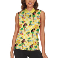 Hawaii Hula Girl Tropical Women Sleeveless Polo Shirt Yellow Palaka