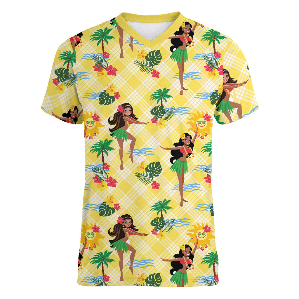 Hawaii Hula Girl Tropical Women V-Neck T-Shirt Yellow Palaka