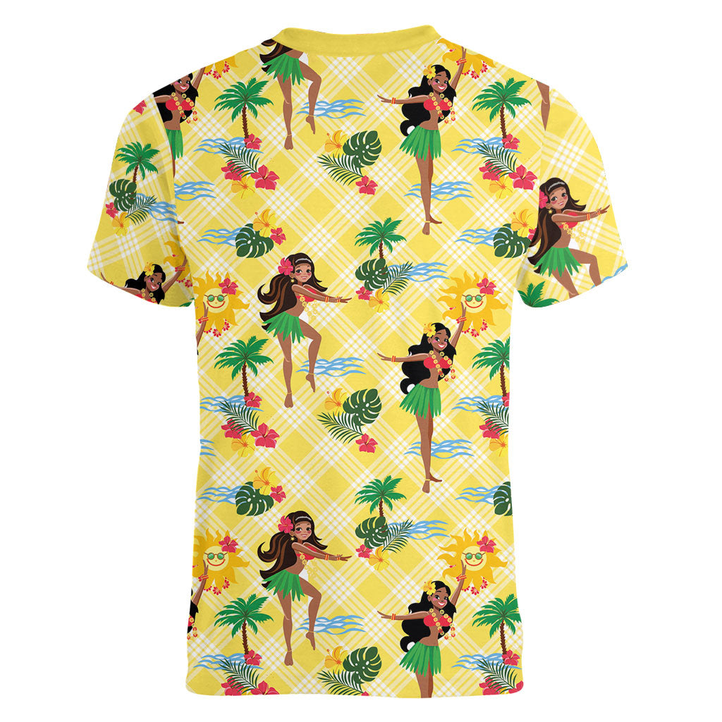 Hawaii Hula Girl Tropical Women V-Neck T-Shirt Yellow Palaka