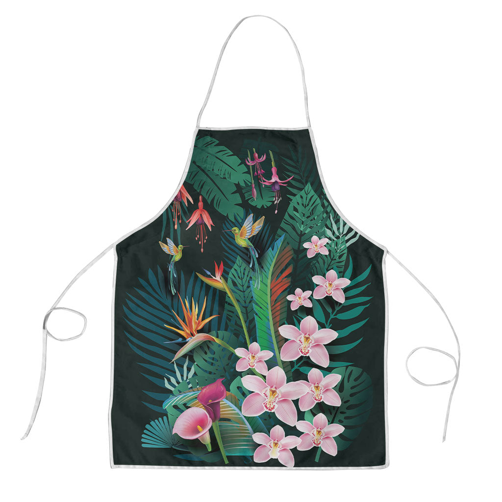 Hawaii Hummingbird Tropical Flowers Apron Dark Green LT01 Green - Polynesian Pride