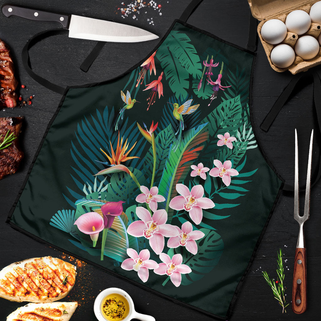 Hawaii Hummingbird Tropical Flowers Apron Dark Green
