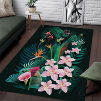Hawaii Hummingbird Tropical Flowers Area Rug Dark Green
