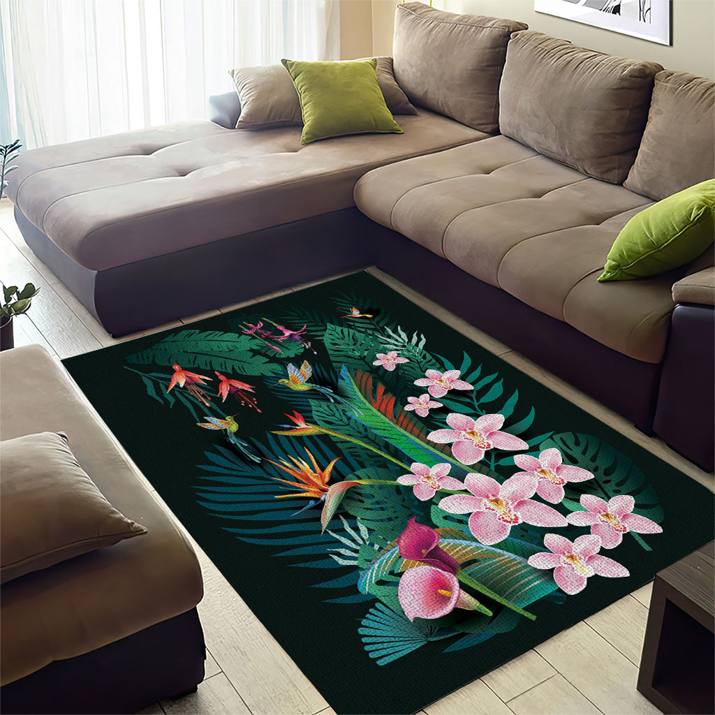 Hawaii Hummingbird Tropical Flowers Area Rug Dark Green