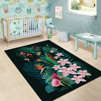 Hawaii Hummingbird Tropical Flowers Area Rug Dark Green