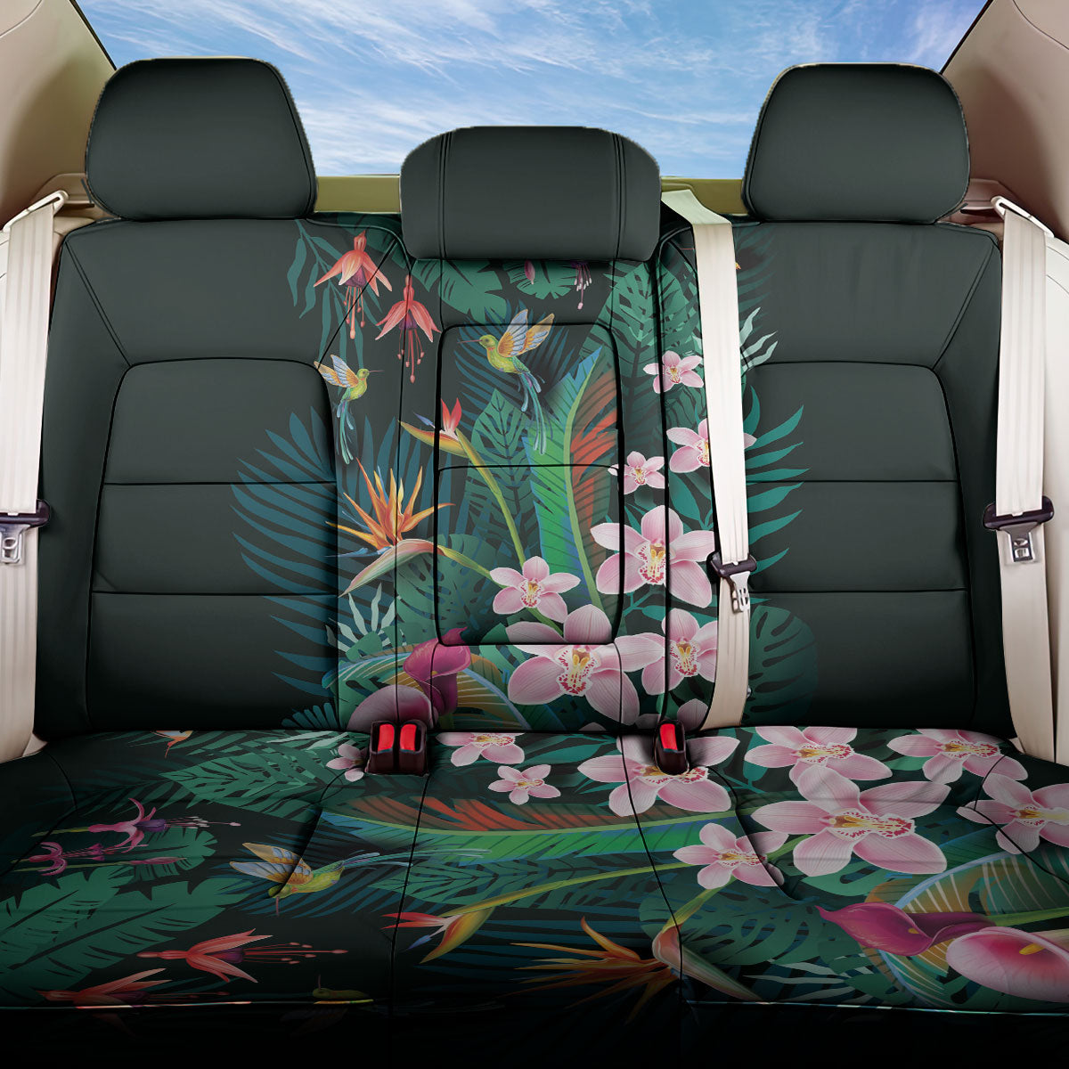 Hawaii Hummingbird Tropical Flowers Back Car Seat Cover Dark Green
