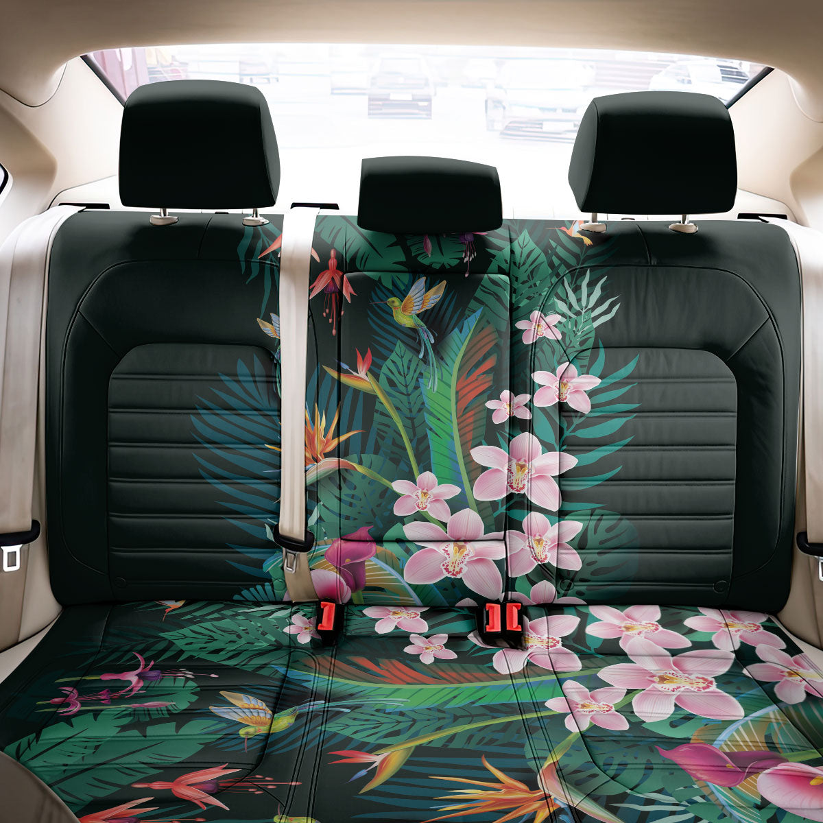Hawaii Hummingbird Tropical Flowers Back Car Seat Cover Dark Green