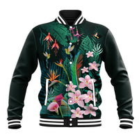 Hawaii Hummingbird Tropical Flowers Baseball Jacket Dark Green