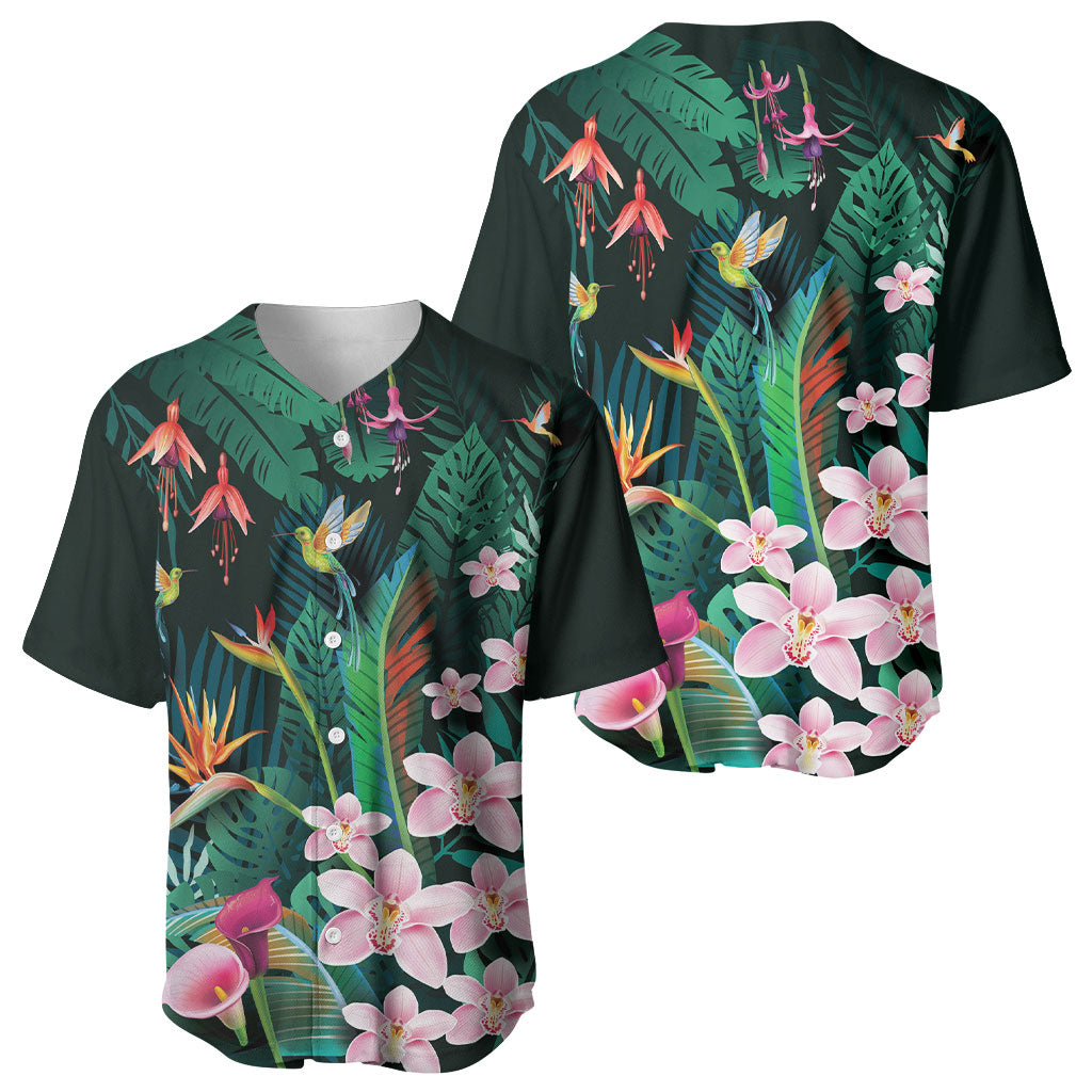 Hawaii Hummingbird Tropical Flowers Baseball Jersey Dark Green