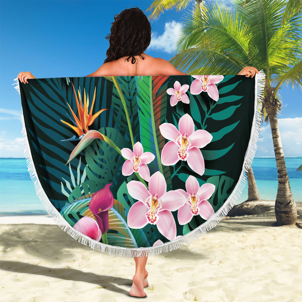 Hawaii Hummingbird Tropical Flowers Beach Blanket Dark Green