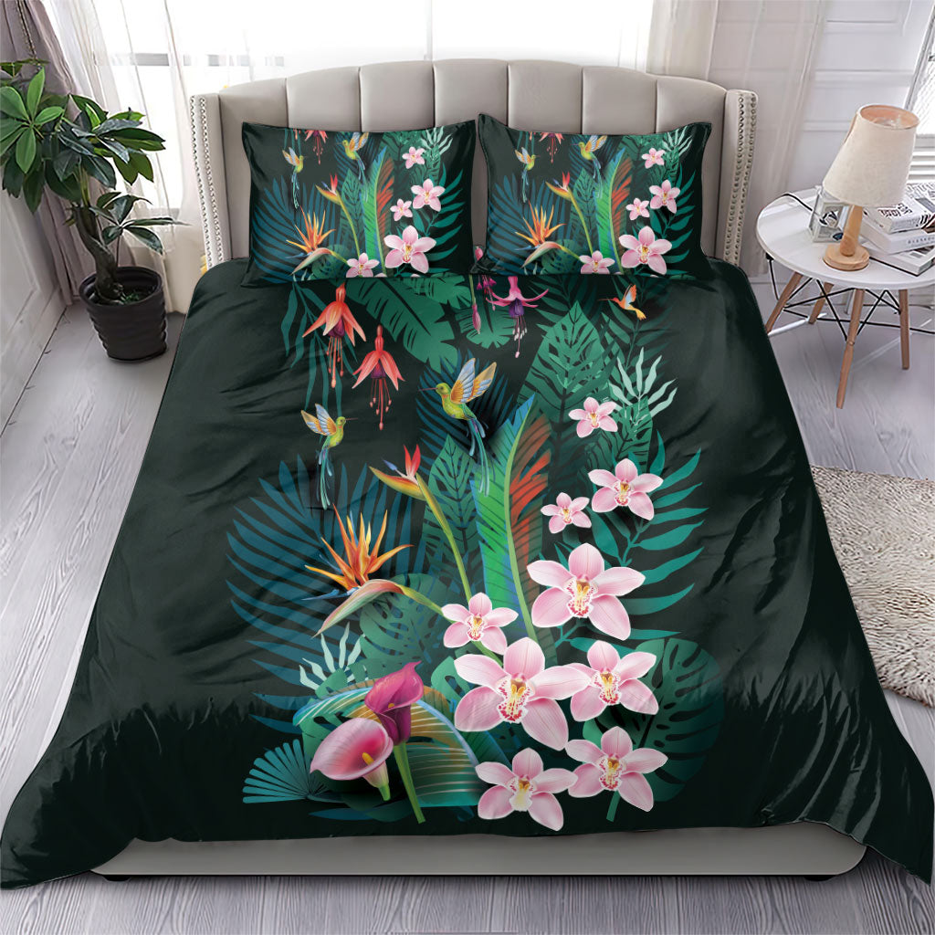 Hawaii Hummingbird Tropical Flowers Bedding Set Dark Green