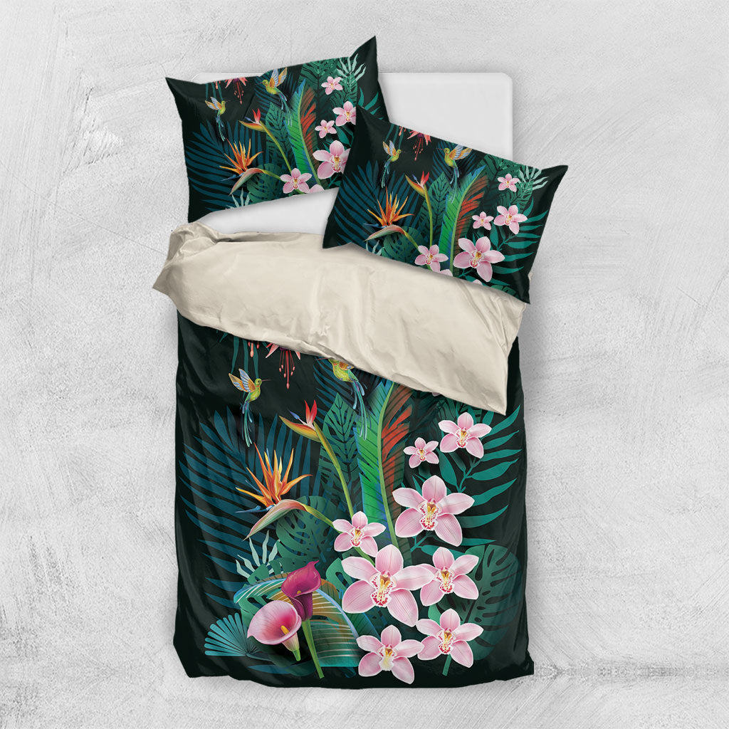 Hawaii Hummingbird Tropical Flowers Bedding Set Dark Green