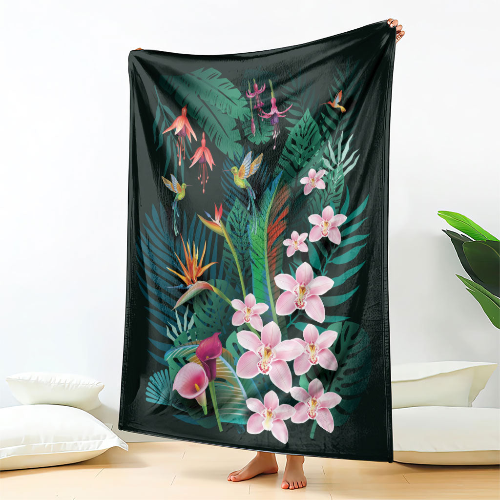 Hawaii Hummingbird Tropical Flowers Blanket Dark Green