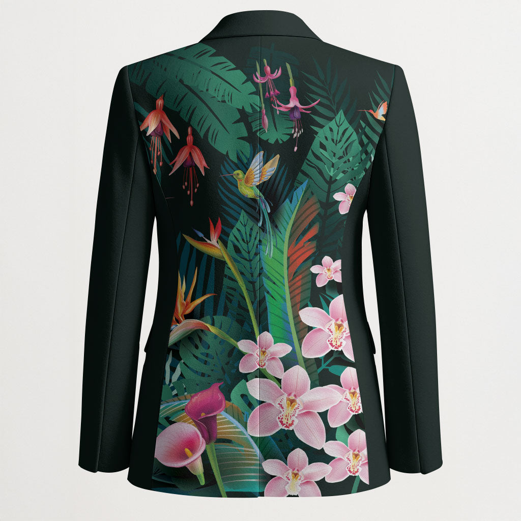 Hawaii Hummingbird Tropical Flowers Blazer Dark Green
