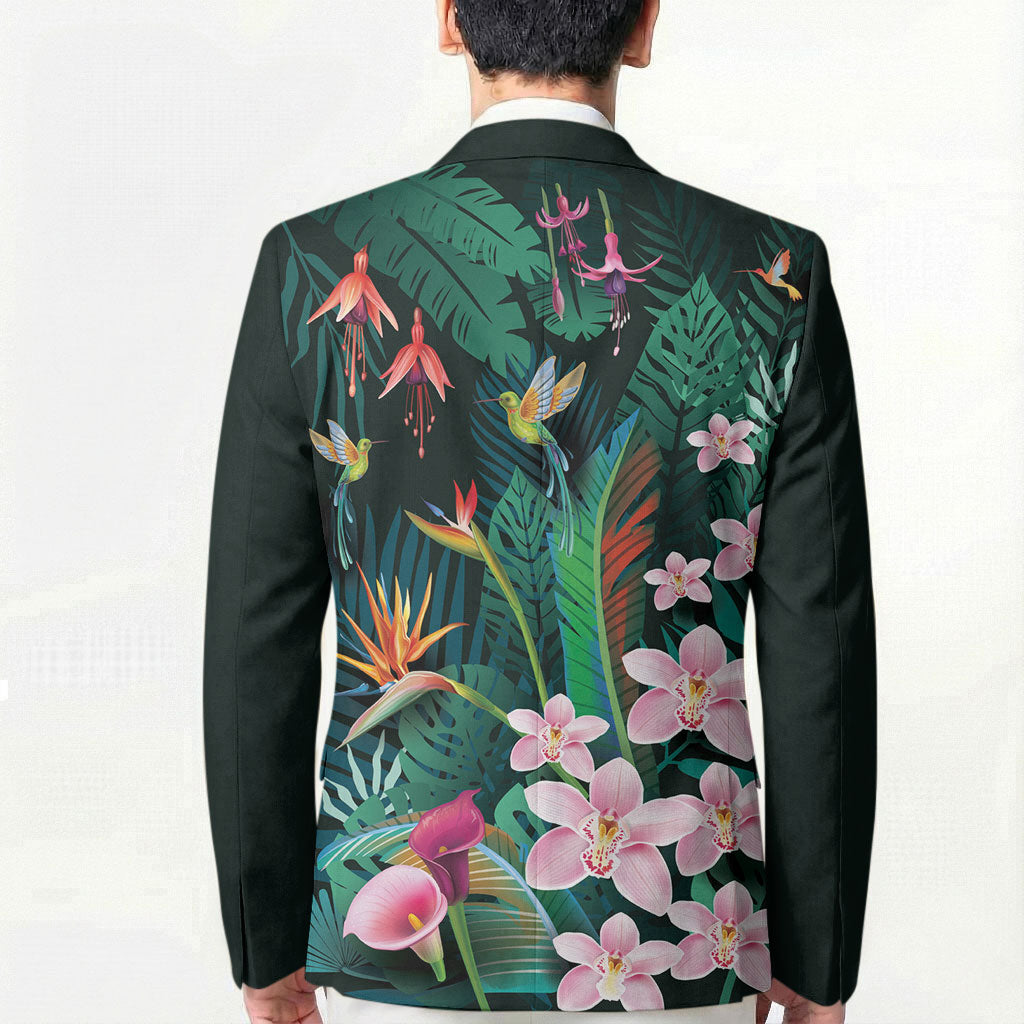 Hawaii Hummingbird Tropical Flowers Blazer Dark Green