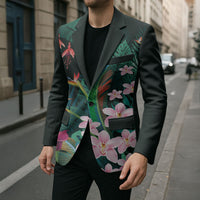 Hawaii Hummingbird Tropical Flowers Blazer Dark Green