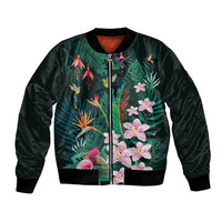 Hawaii Hummingbird Tropical Flowers Bomber Jacket Dark Green