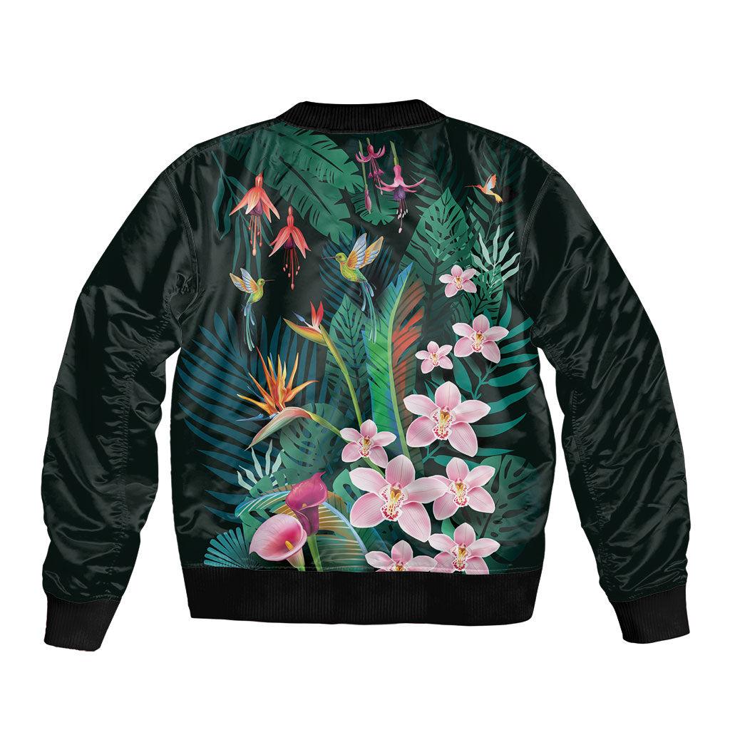 Hawaii Hummingbird Tropical Flowers Bomber Jacket Dark Green