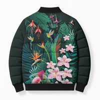 Hawaii Hummingbird Tropical Flowers Bomber Puffer Jacket Dark Green