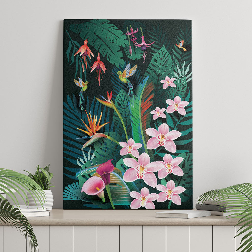 Hawaii Hummingbird Tropical Flowers Canvas Wall Art Dark Green