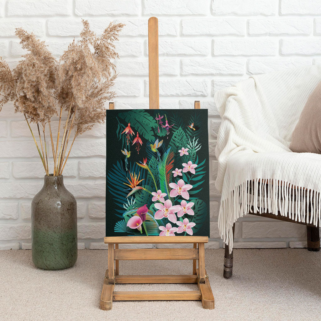 Hawaii Hummingbird Tropical Flowers Canvas Wall Art Dark Green