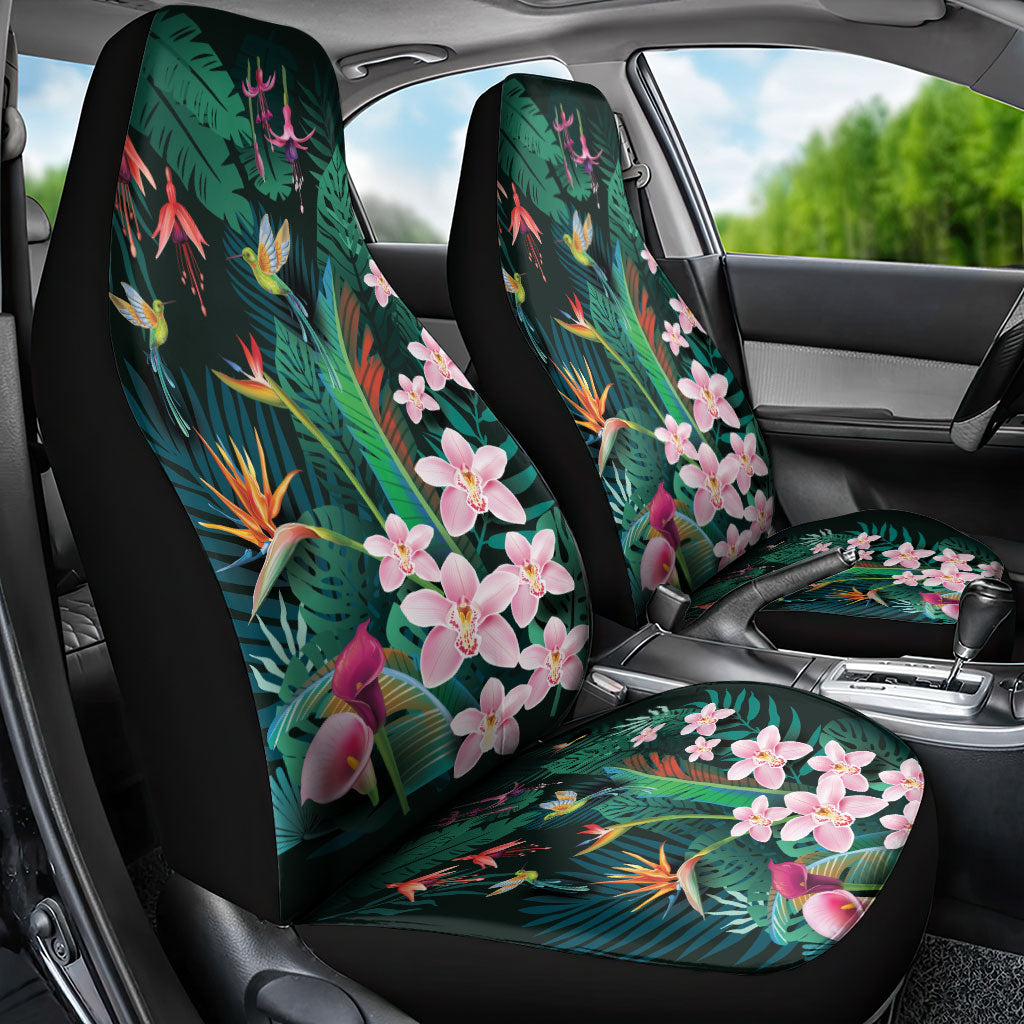 Hawaii Hummingbird Tropical Flowers Car Seat Cover Dark Green