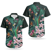 Hawaii Hummingbird Tropical Flowers Couples Matching Long Sleeve Bodycon Dress and Hawaiian Shirt Dark Green