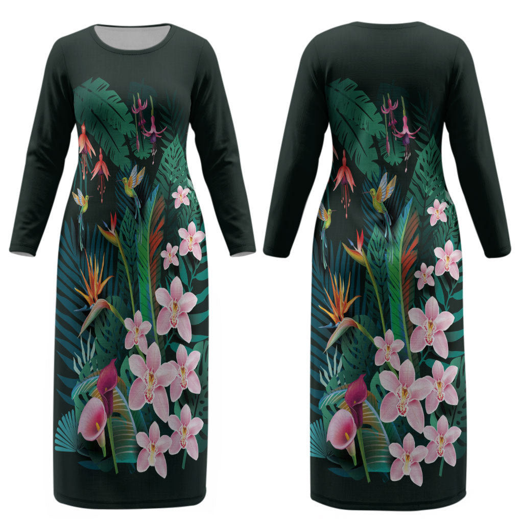 Hawaii Hummingbird Tropical Flowers Couples Matching Long Sleeve Bodycon Dress and Hawaiian Shirt Dark Green