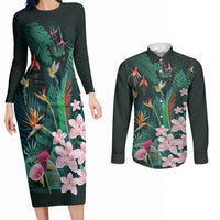 Hawaii Hummingbird Tropical Flowers Couples Matching Long Sleeve Bodycon Dress and Long Sleeve Button Shirt Dark Green