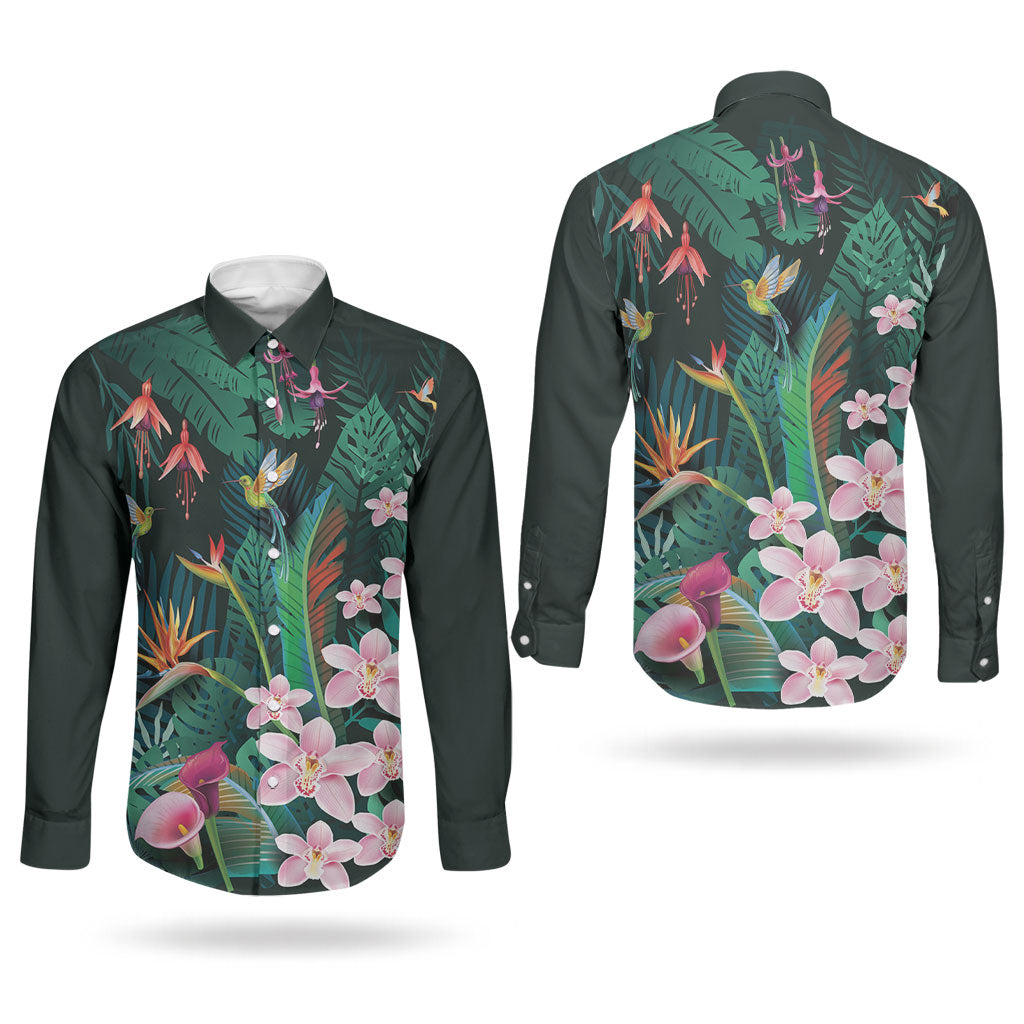 Hawaii Hummingbird Tropical Flowers Couples Matching Mermaid Dress and Long Sleeve Button Shirt Dark Green