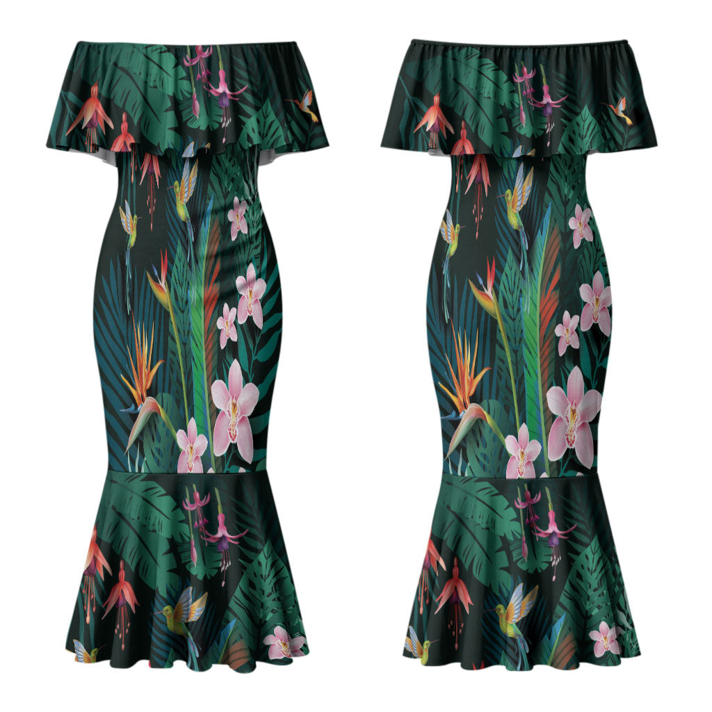 Hawaii Hummingbird Tropical Flowers Couples Matching Mermaid Dress and Long Sleeve Button Shirt Dark Green