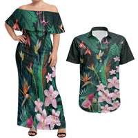 Hawaii Hummingbird Tropical Flowers Couples Matching Off Shoulder Maxi Dress and Hawaiian Shirt Dark Green
