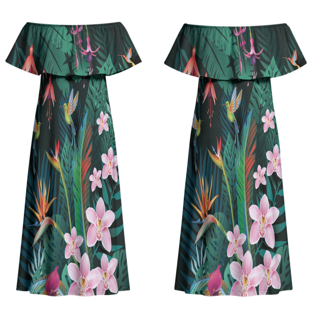 Hawaii Hummingbird Tropical Flowers Couples Matching Off Shoulder Maxi Dress and Long Sleeve Button Shirt Dark Green