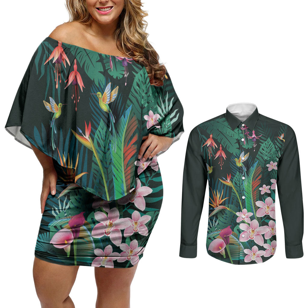 Hawaii Hummingbird Tropical Flowers Couples Matching Off Shoulder Short Dress and Long Sleeve Button Shirt Dark Green