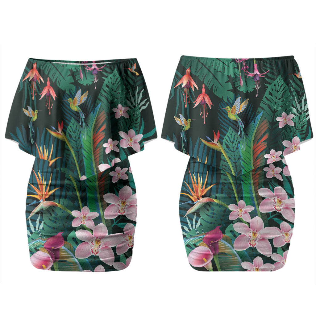 Hawaii Hummingbird Tropical Flowers Couples Matching Off Shoulder Short Dress and Long Sleeve Button Shirt Dark Green