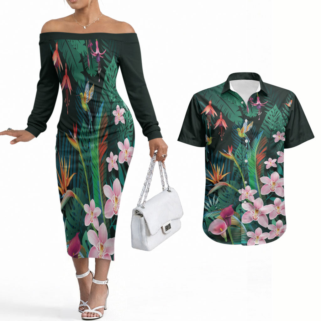 Hawaii Hummingbird Tropical Flowers Couples Matching Off The Shoulder Long Sleeve Dress and Hawaiian Shirt Dark Green