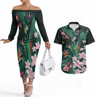Hawaii Hummingbird Tropical Flowers Couples Matching Off The Shoulder Long Sleeve Dress and Hawaiian Shirt Dark Green
