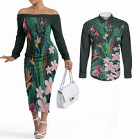 Hawaii Hummingbird Tropical Flowers Couples Matching Off The Shoulder Long Sleeve Dress and Long Sleeve Button Shirt Dark Green