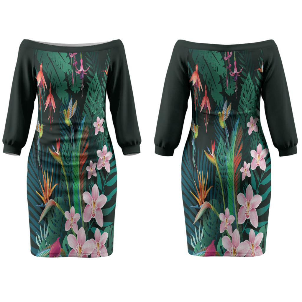 Hawaii Hummingbird Tropical Flowers Couples Matching Off The Shoulder Long Sleeve Dress and Long Sleeve Button Shirt Dark Green