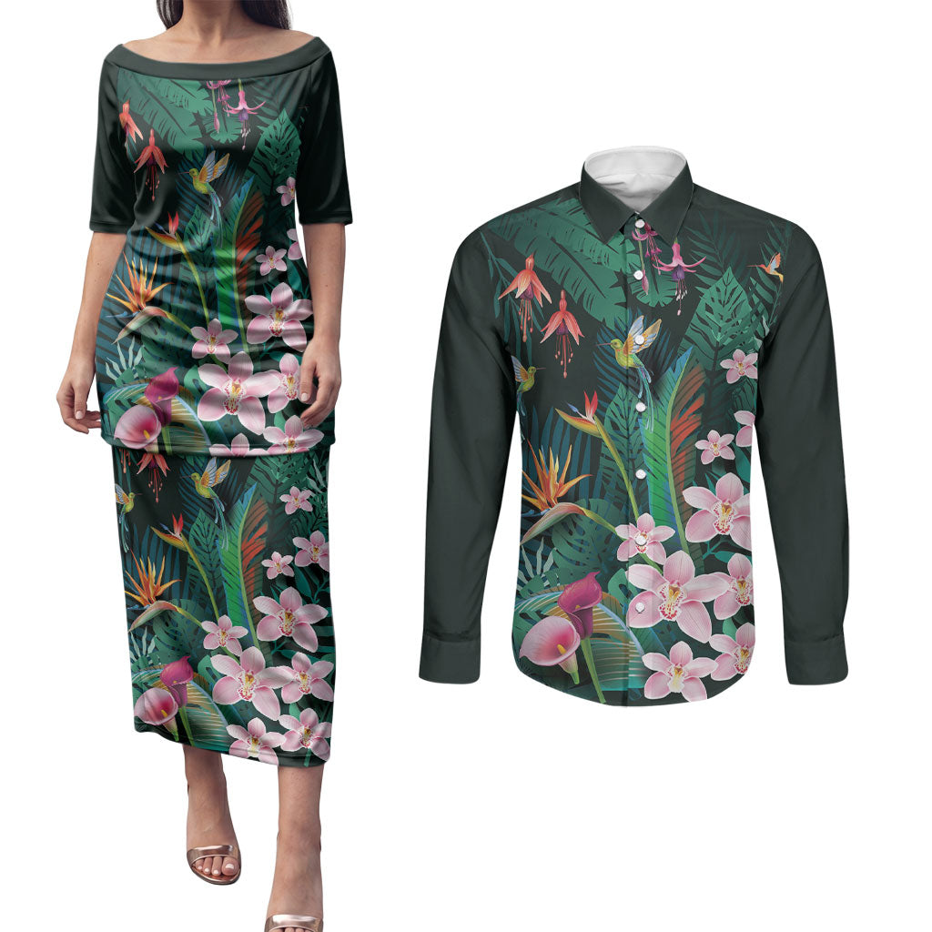 Hawaii Hummingbird Tropical Flowers Couples Matching Puletasi and Long Sleeve Button Shirt Dark Green