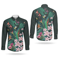 Hawaii Hummingbird Tropical Flowers Couples Matching Puletasi and Long Sleeve Button Shirt Dark Green