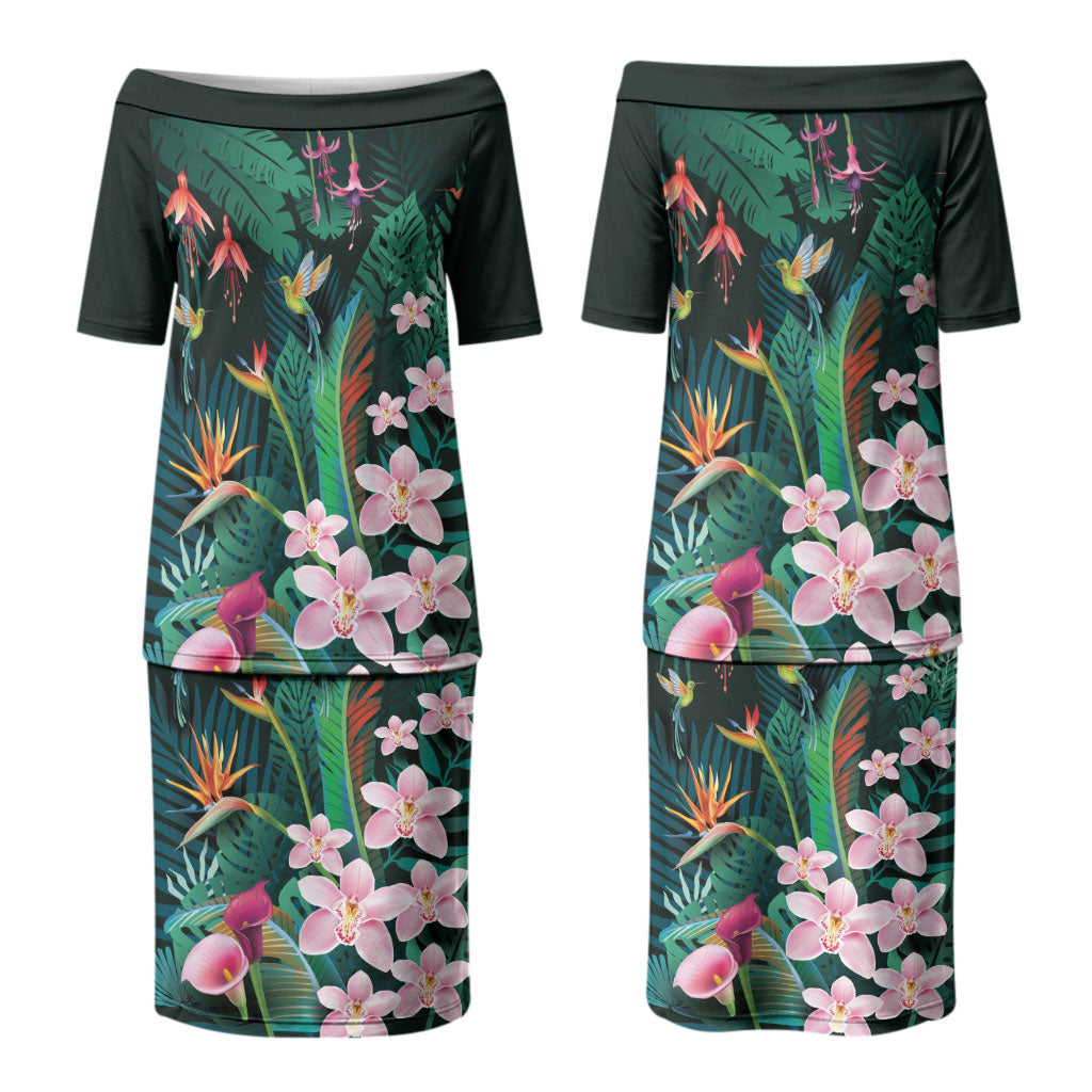 Hawaii Hummingbird Tropical Flowers Couples Matching Puletasi and Long Sleeve Button Shirt Dark Green
