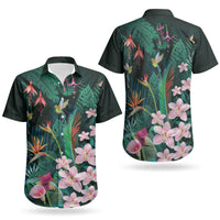 Hawaii Hummingbird Tropical Flowers Couples Matching Short Sleeve Bodycon Dress and Hawaiian Shirt Dark Green