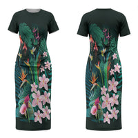 Hawaii Hummingbird Tropical Flowers Couples Matching Short Sleeve Bodycon Dress and Long Sleeve Button Shirt Dark Green