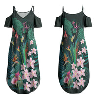 Hawaii Hummingbird Tropical Flowers Couples Matching Summer Maxi Dress and Hawaiian Shirt Dark Green