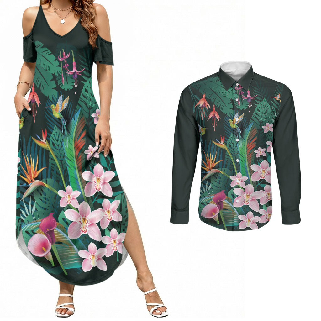 Hawaii Hummingbird Tropical Flowers Couples Matching Summer Maxi Dress and Long Sleeve Button Shirt Dark Green