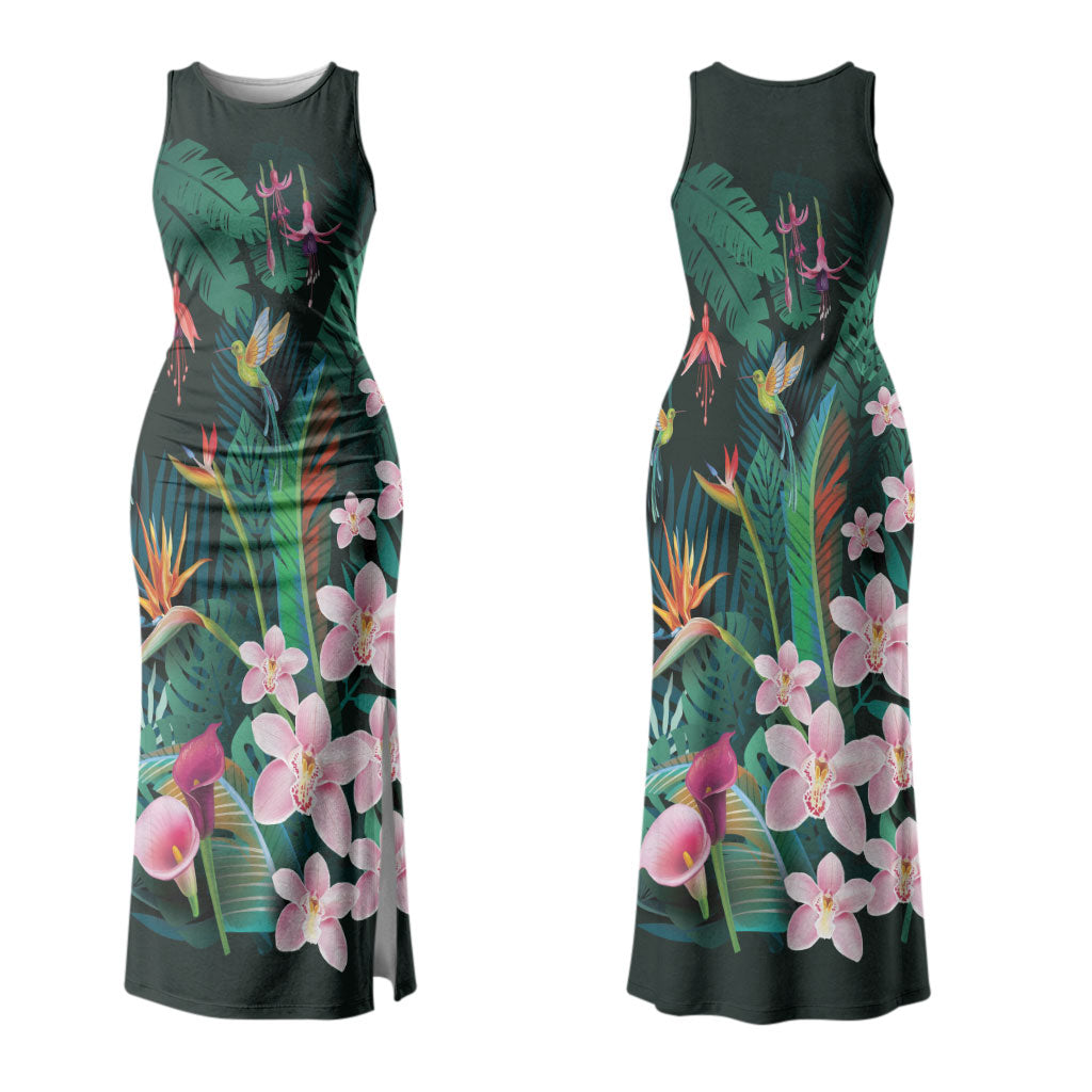 Hawaii Hummingbird Tropical Flowers Couples Matching Tank Maxi Dress and Hawaiian Shirt Dark Green