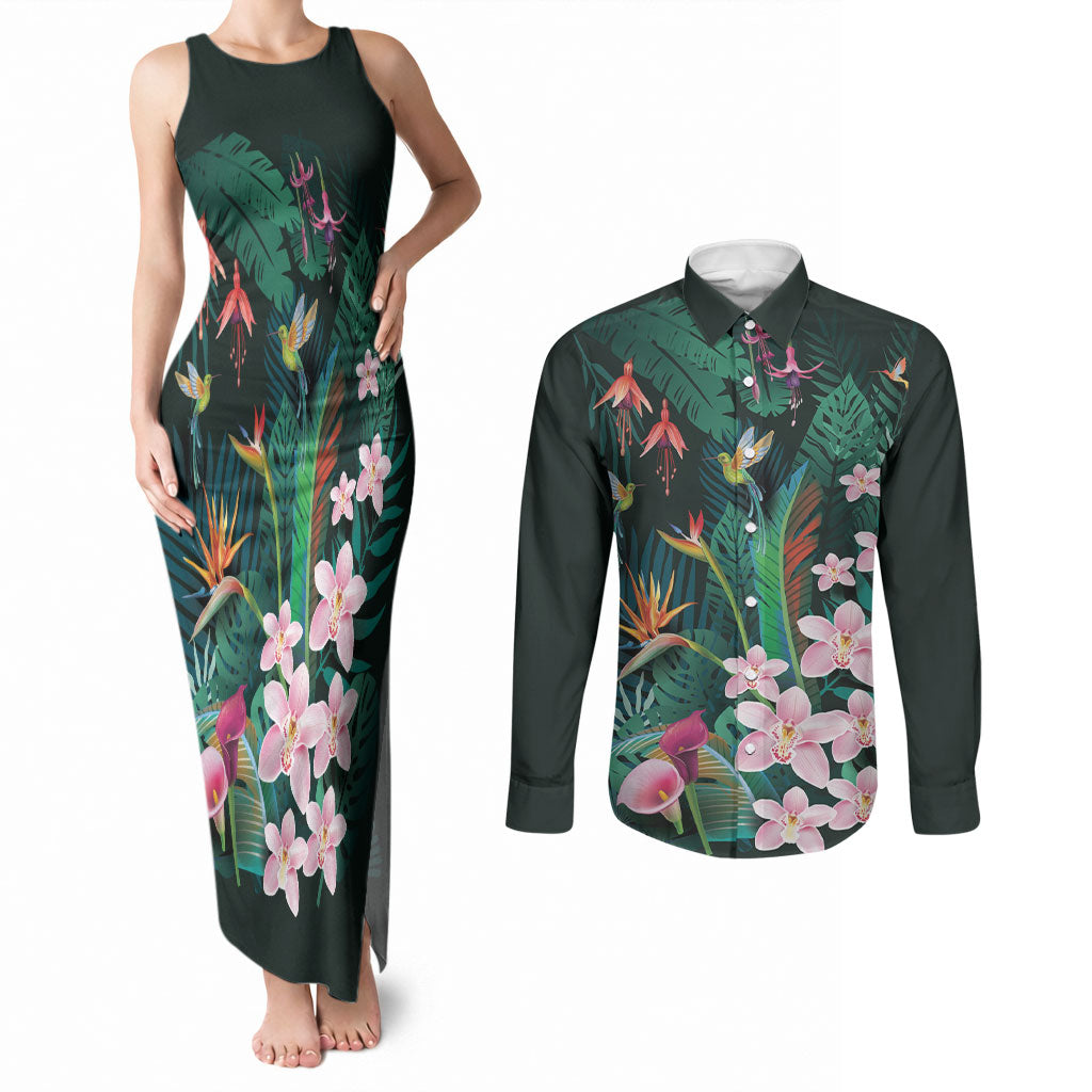Hawaii Hummingbird Tropical Flowers Couples Matching Tank Maxi Dress and Long Sleeve Button Shirt Dark Green