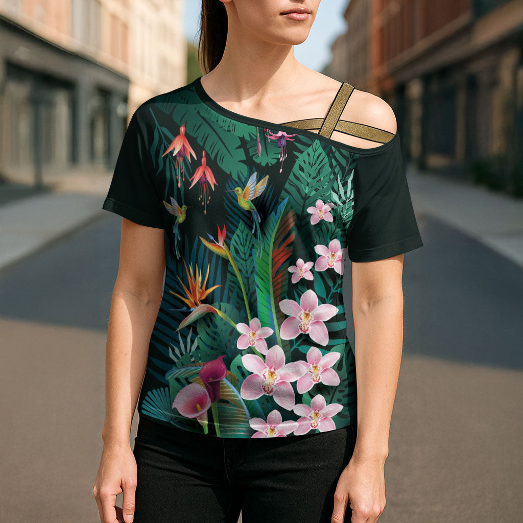 Hawaii Hummingbird Tropical Flowers Cross Shoulder Shirt Dark Green