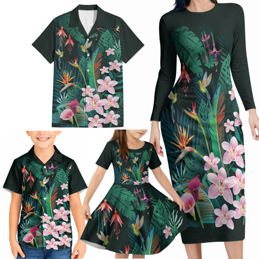 Hawaii Hummingbird Tropical Flowers Family Matching Long Sleeve Bodycon Dress and Hawaiian Shirt Dark Green
